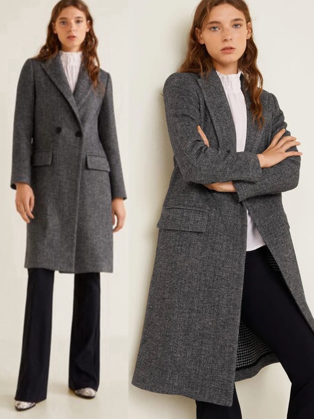 MANGO NWT Black White Gray Herringbone Wool Blend Coat Classic Wool Trench Coat
